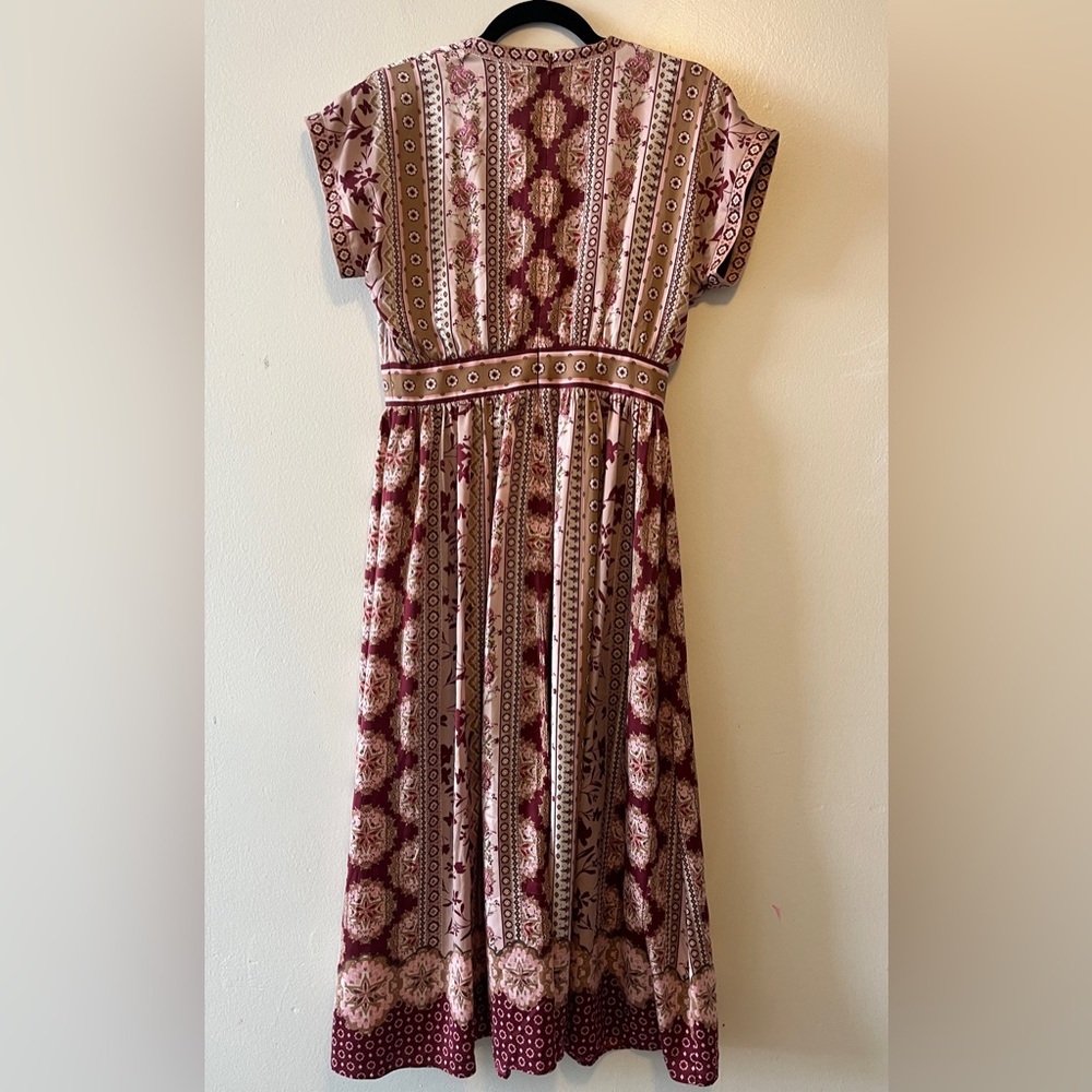 GAL MEETS GLAM COLLECTION Liza Print Charmeuse Midi Dress In Wine Prini Size 2 - Picture 3 of 11